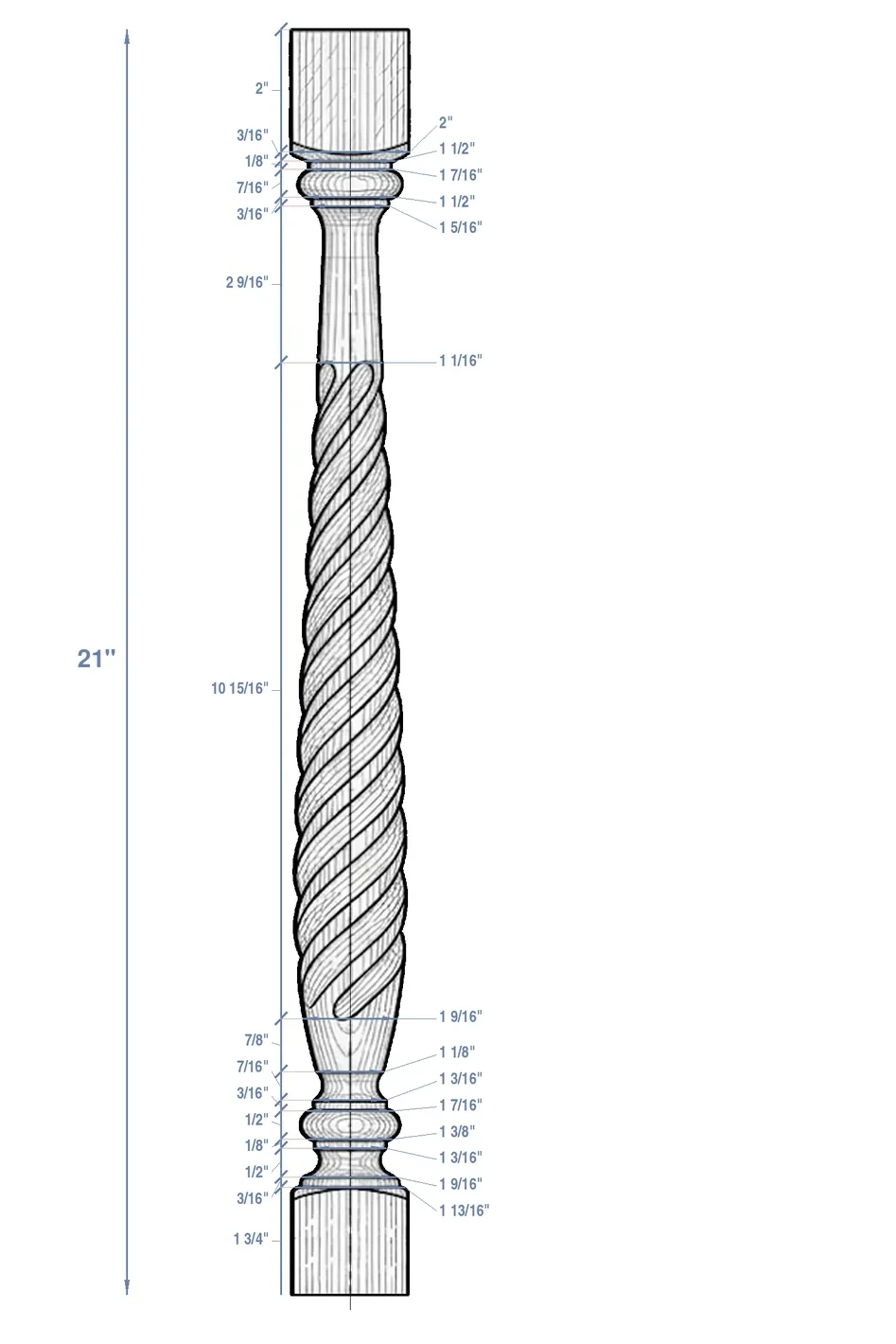 Shop drawing SP-001: the square block, turned collars and rope twist of a spindle, every diameter called out and the 21 inch overall marked.