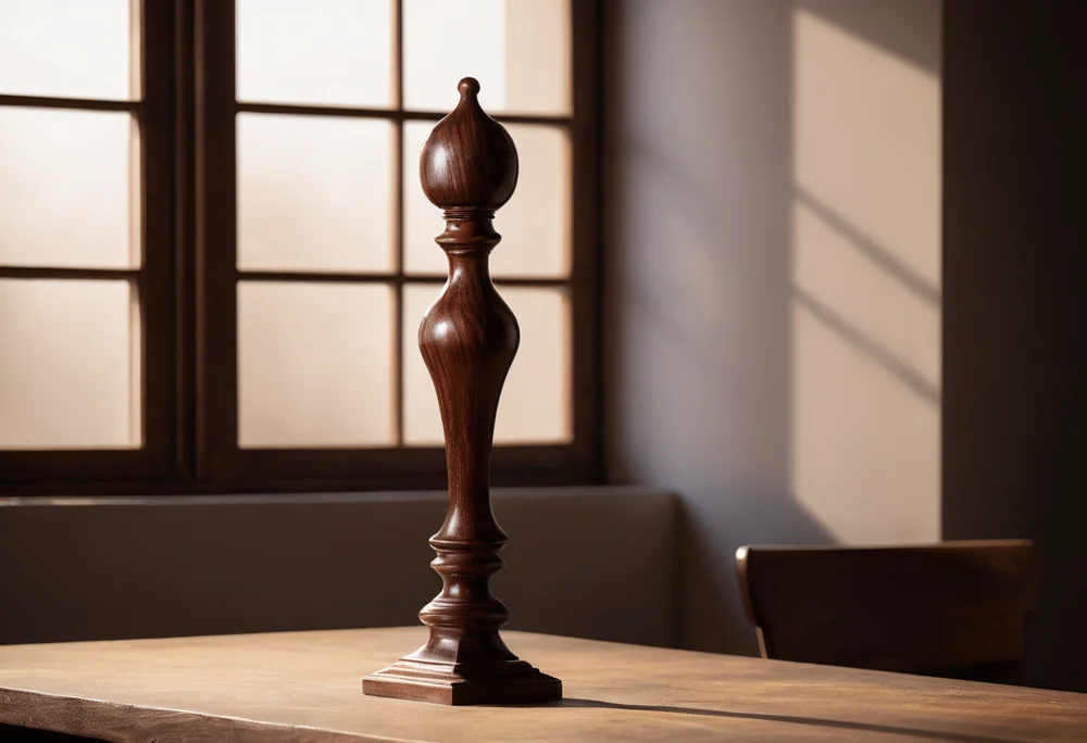 A turned wooden baluster in dark walnut, square block at its foot, standing on a bench in low window light.