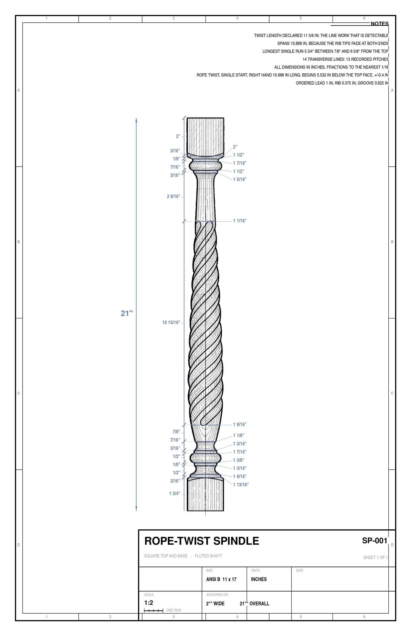 Shop drawing SP-001, a rope-twist spindle: a dimensioned elevation on a ruled inch scale with every diameter and length called out, a twist detail, engineering notes, and a title block reading SP-001, sheet 1 of 1, scale 1:2.