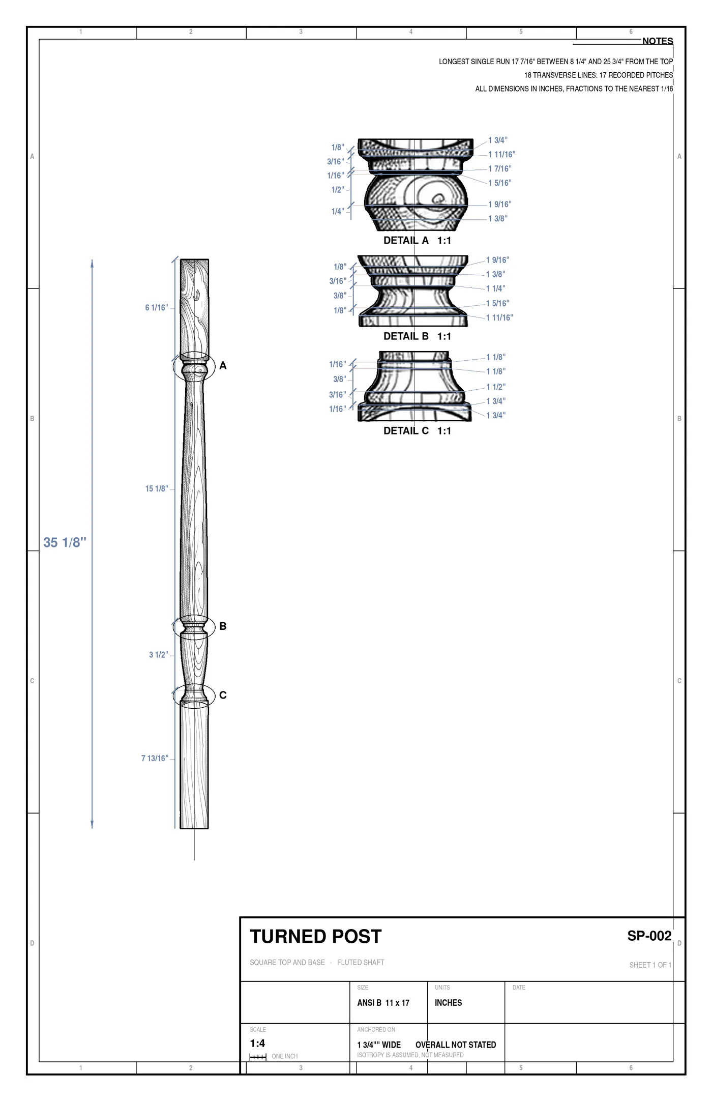 Shop drawing SP-002, a turned post: a dimensioned elevation on a ruled inch scale with every diameter and length called out, engineering notes, and a title block reading SP-002.
