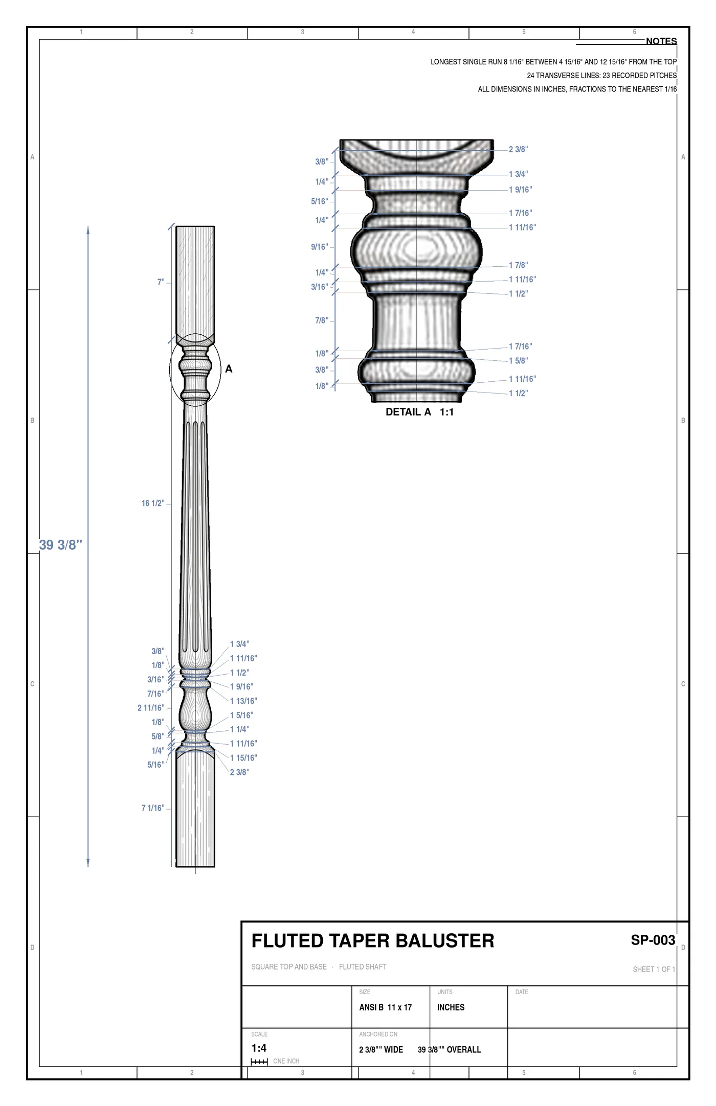 Shop drawing SP-003, a fluted taper baluster: a dimensioned elevation on a ruled inch scale with every diameter and length called out, engineering notes, and a title block reading SP-003.
